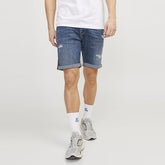 jack & jone regular fit stretchable mid blue ripped denim short for men