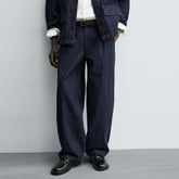 Zr pleated navy blue denim chino pant
