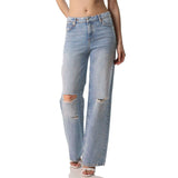 avec wide leg high rise ripped light blue waist adjustable jeans for women