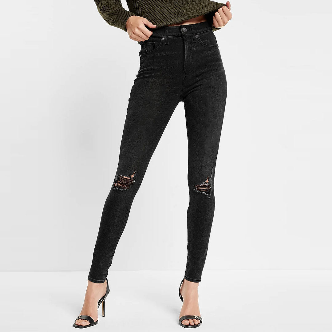 Tight Jeans Ladies Black Ripped Knee Jeans Dark Wash Ripped Knee