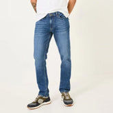 mangun slim fit stretchable mid blue jeans for men