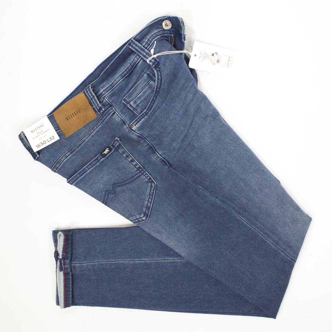 mstang slim fit stretchable medium blue tapered leg knit denim