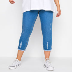 jeny skinny fit stretchable pull-on royal blue ripped short length/capri jegging jeans for women