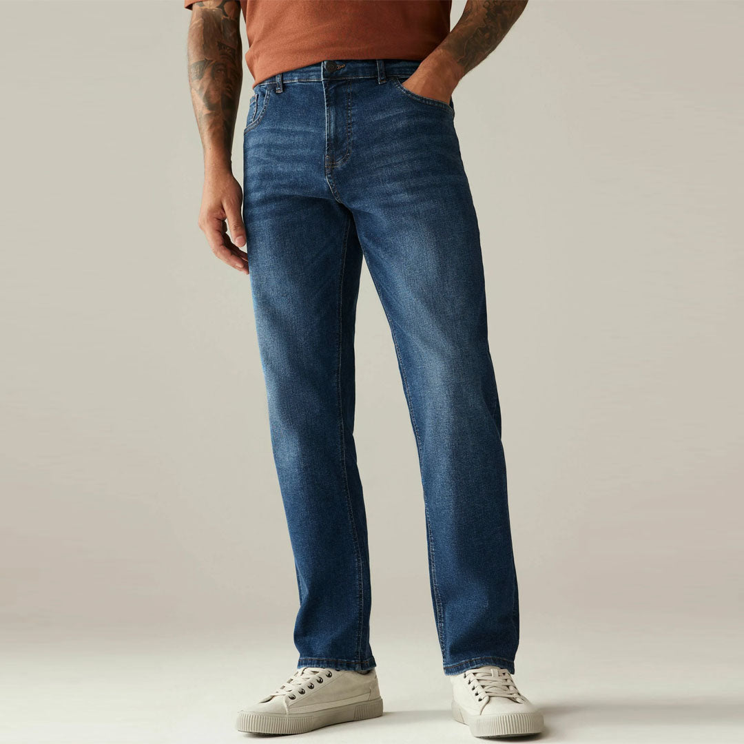 FF Straight fit stretchable mid blue jeans for men