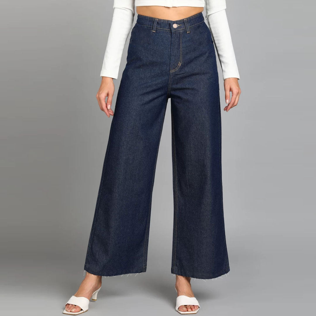 FF extra wide leg high rise stretchable solid blue jeans for wome