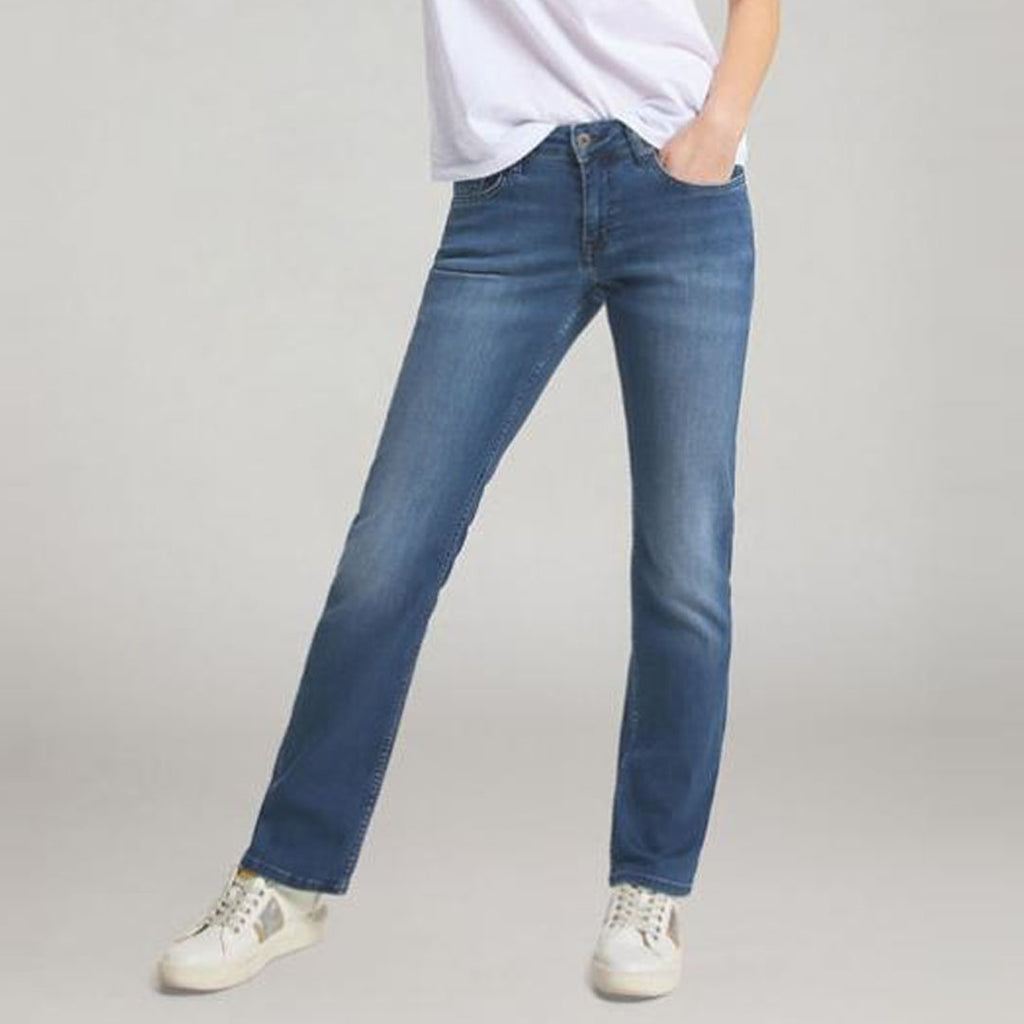 mstang high rise straight fit stretchable medium blue jeans