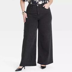 FF wide leg high rise stretchable faded black plus size jeans for women