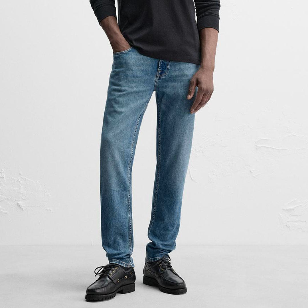 zr slim/tapered fit stretchable mid blue greenish jeans for men