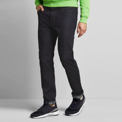 bugati slim fit stretchable solid blue jeans for men