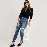 oldnvy high rise skinny fit stretchable mid blue knees ripped jeans for women