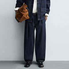 Zr pleated navy blue denim chino pant