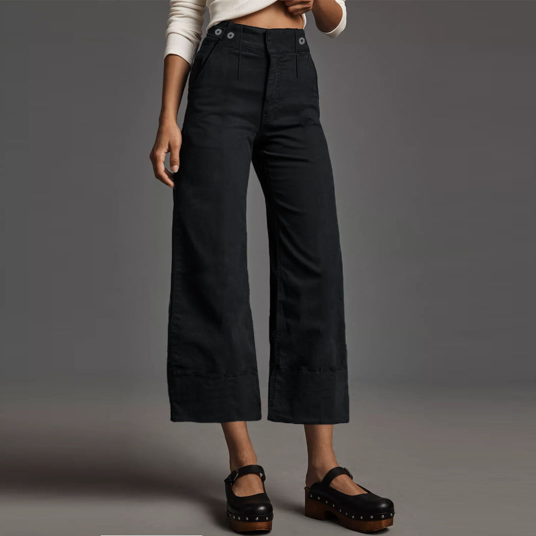 plcro wide leg high rise black cotton jeans for women