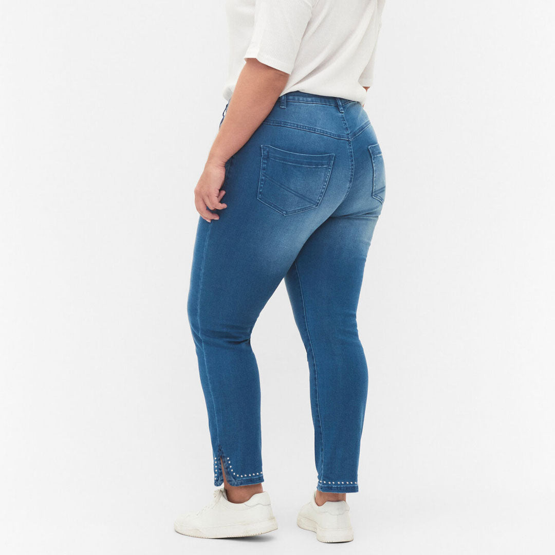 up2fshion slim straight mid blue ankle slit with stone plus size women jeans