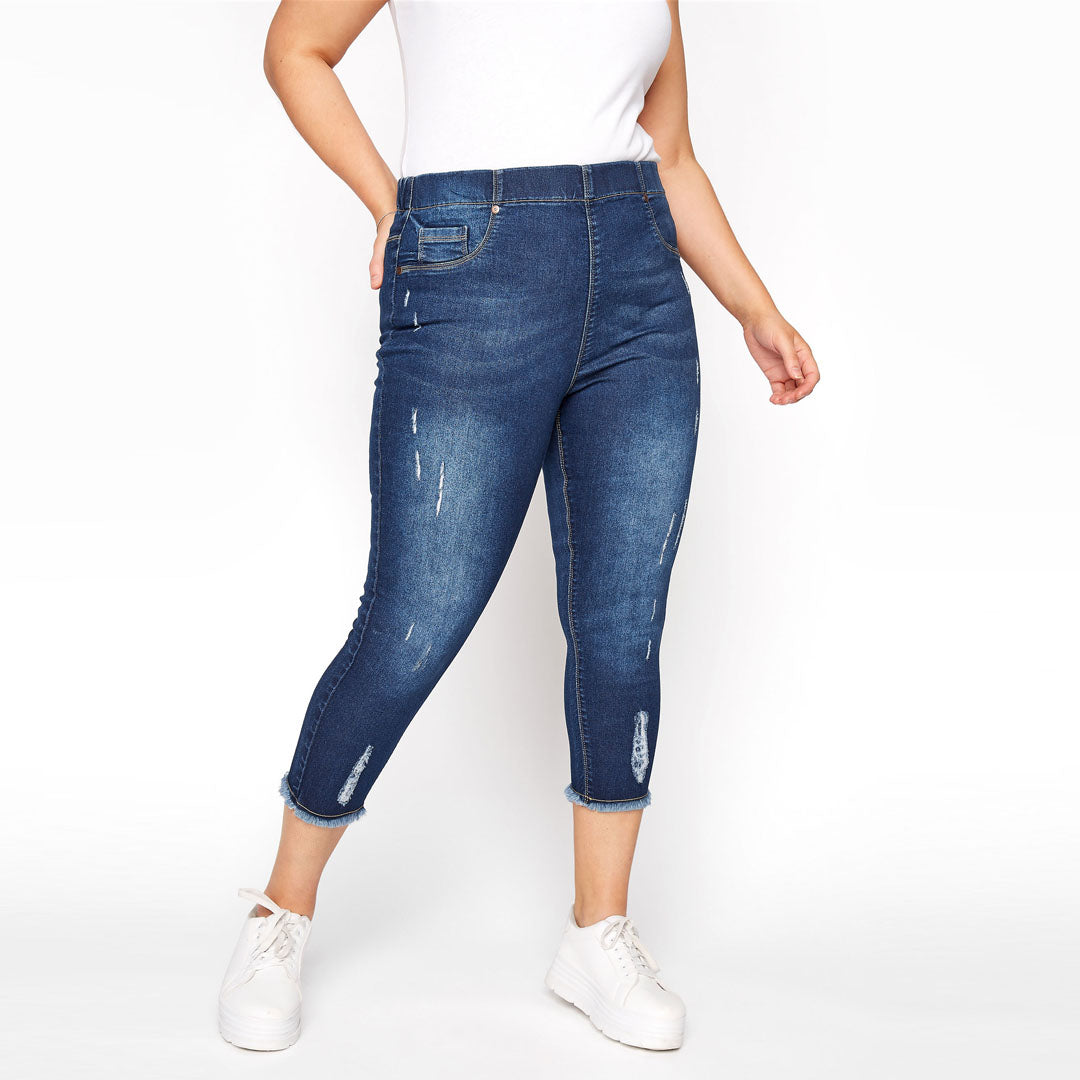 jeny skinny fit stretchable pull one blue ripped short length/capri jegging jeans for women