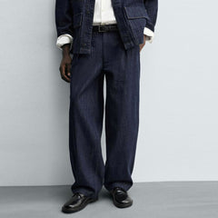 Zr pleated navy blue denim chino pant