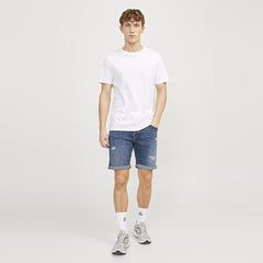 jack & jone regular fit stretchable mid blue ripped denim short for men
