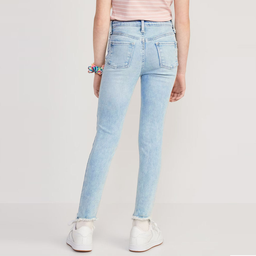 old nvy stretchable light blue ripped with frayed-Hem jeans for girls