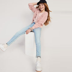 old nvy stretchable light blue ripped with frayed-Hem jeans for girls