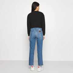 wrnglr straight cut stretchable mid blue jeans for women