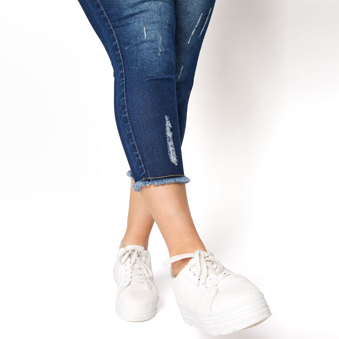 jeny skinny fit stretchable pull one blue ripped short length/capri jegging jeans for women