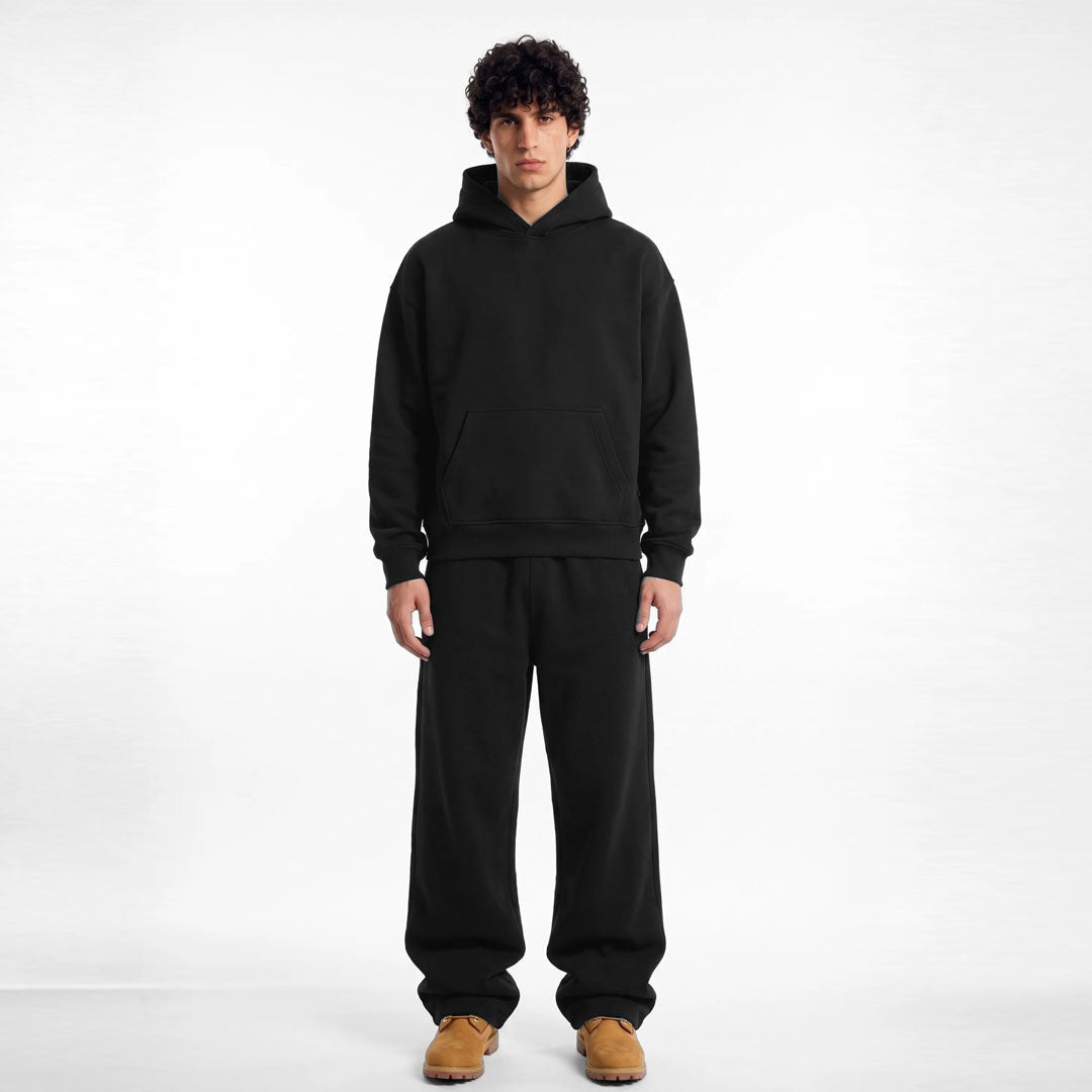 ZR drop shoulder / baggy unisex cotton fleece black tracksuit for winter