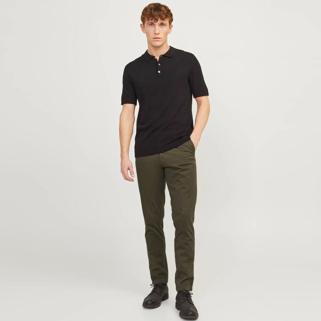 JJ slim fit stretchable olive green cotton chino pant for men