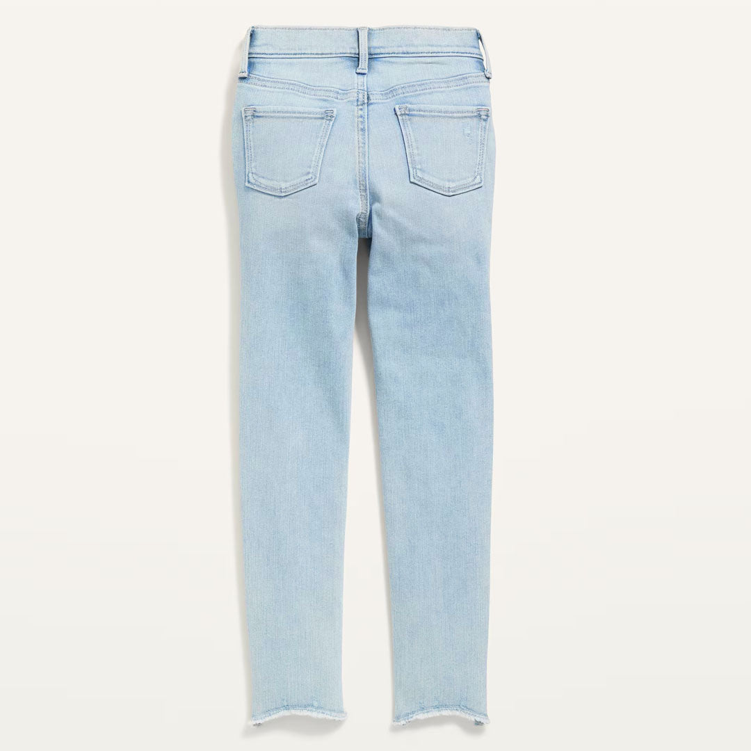 old nvy stretchable light blue ripped with frayed-Hem jeans for girls