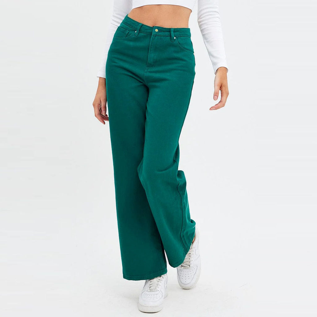 on-ly wide leg high rise stretchable deep sea green jeans for women