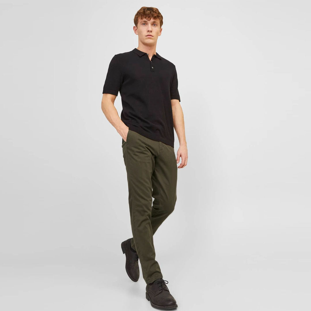 JJ slim fit stretchable olive green cotton chino pant for men