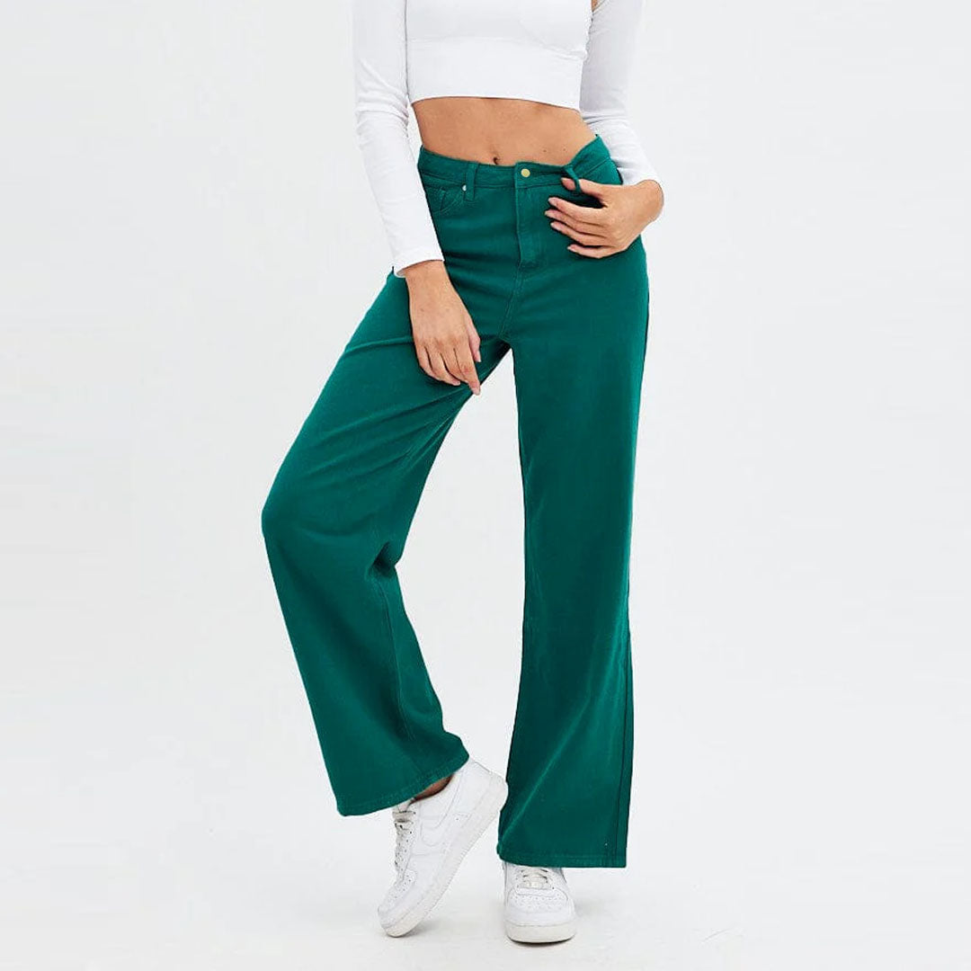 on-ly wide leg high rise stretchable deep sea green jeans for women