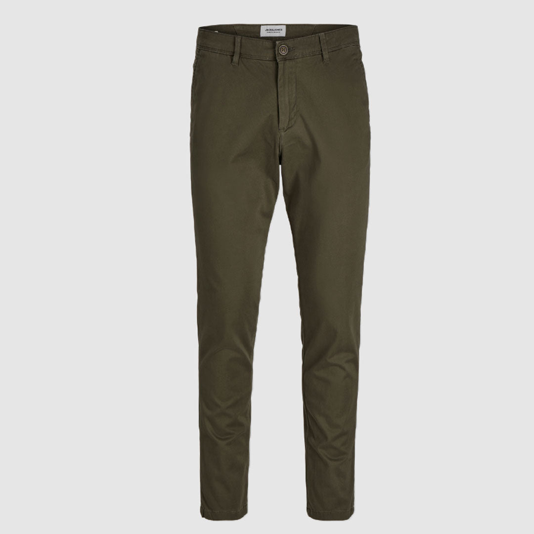 JJ slim fit stretchable olive green cotton chino pant for men