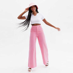 on-ly wide leg high rise stretchable pink jeans for women