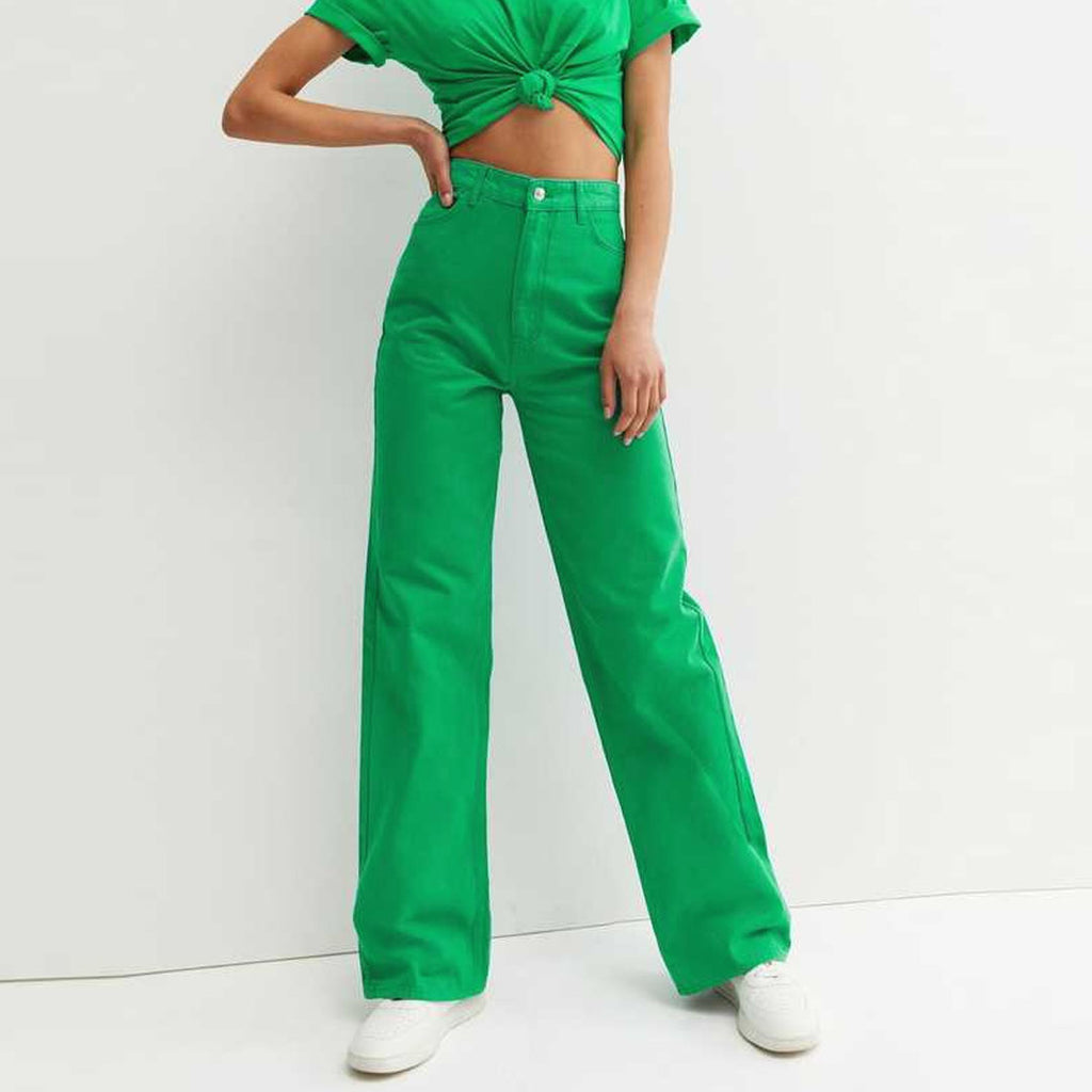on-ly wide leg high rise kelly green jeans for women