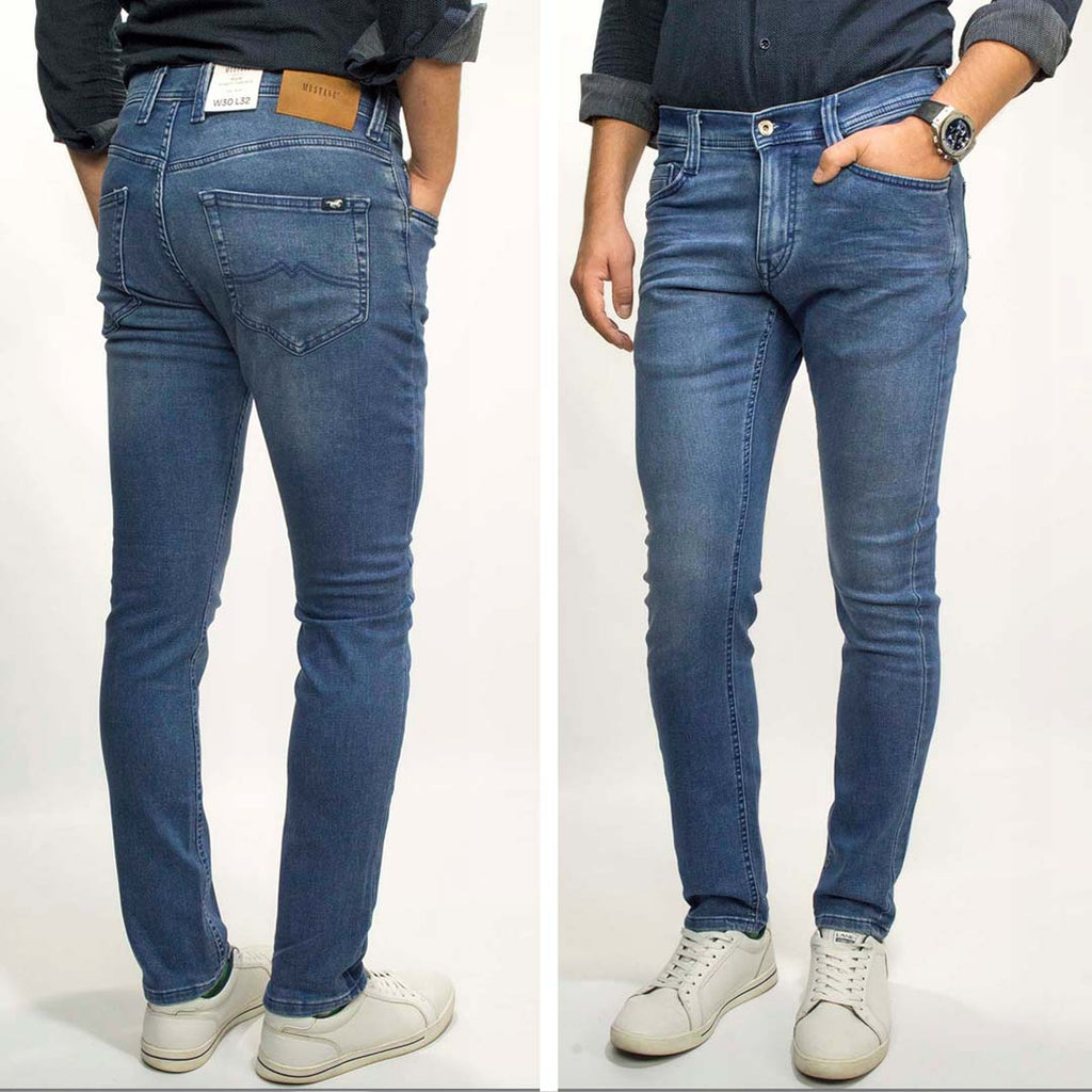 mstang slim fit stretchable medium blue tapered leg knit denim jeans for men