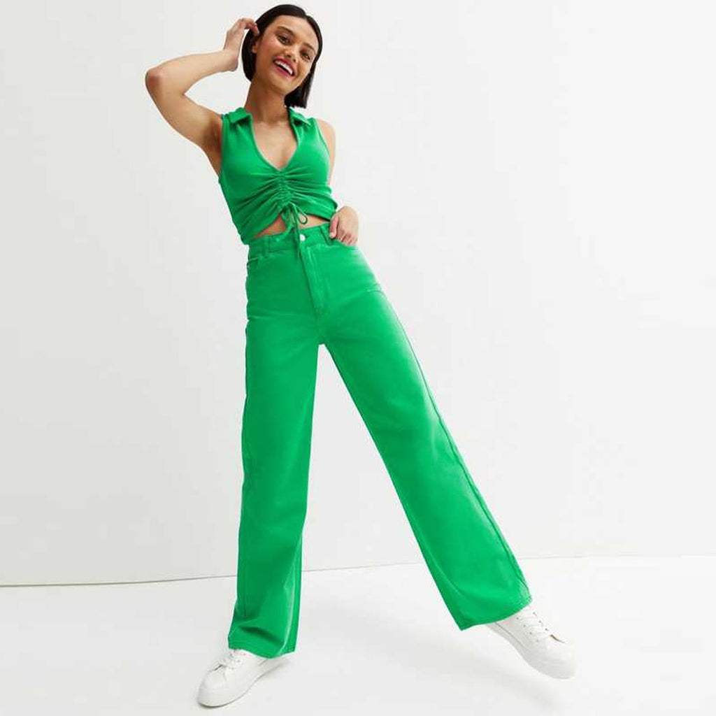 on-ly wide leg high rise kelly green jeans for women