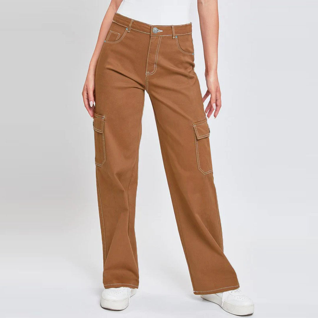 on-ly straight leg stretchable high rise mustered con stitch cargo pant for women