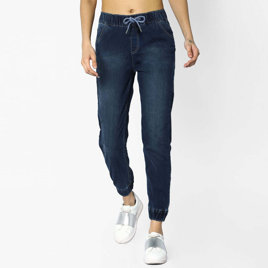 crop denim slim fit dark blue jogger pant for women