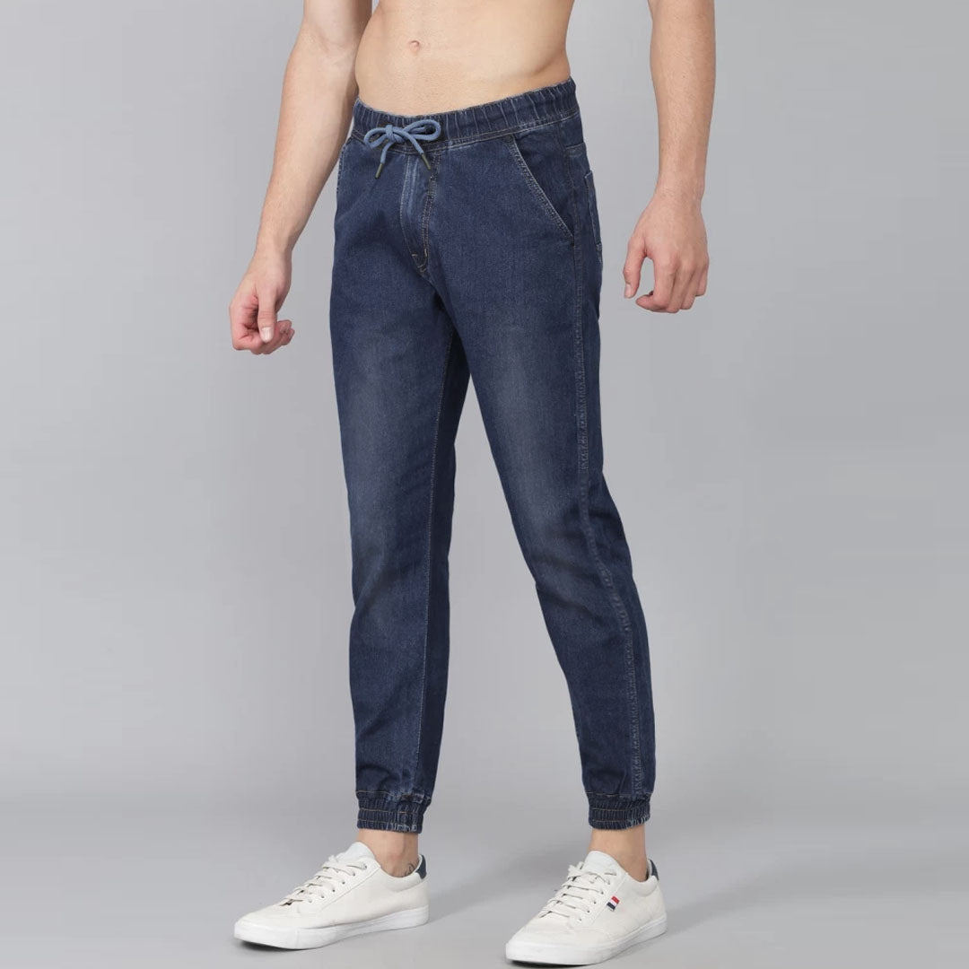 crop denim slim fit dark blue jogger pant for men