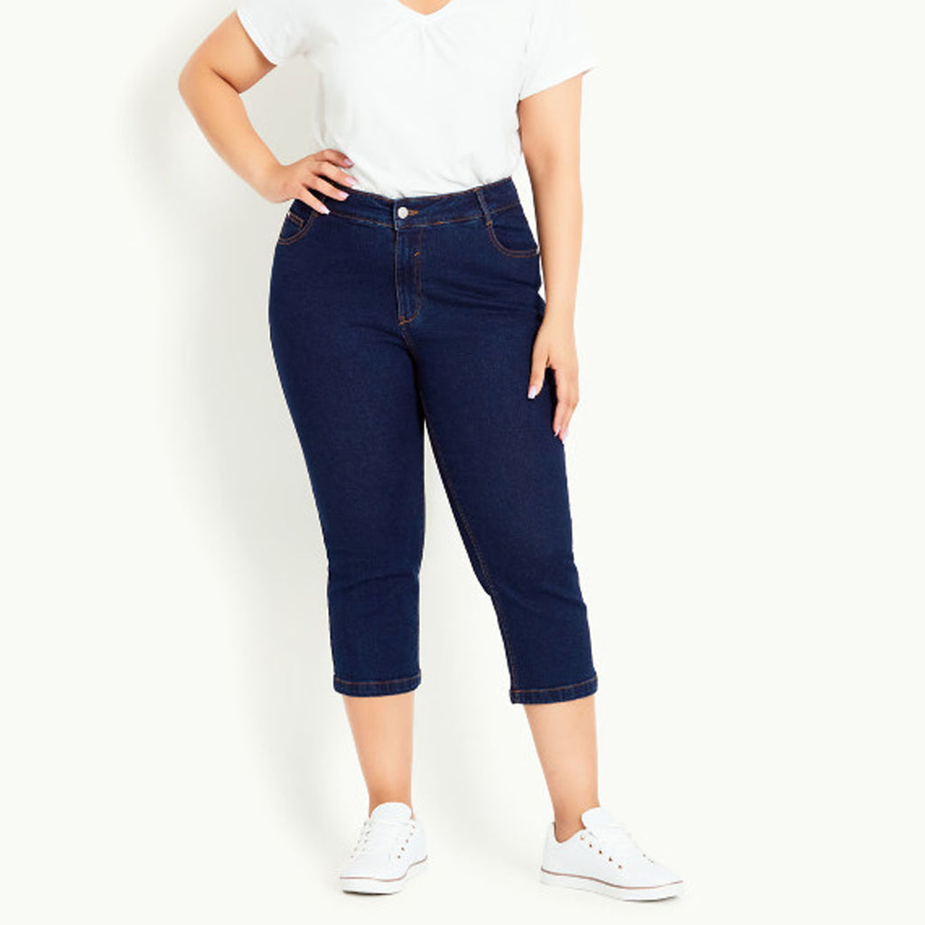 evns slim straight stretchable solid dark blue short length/capri jeans