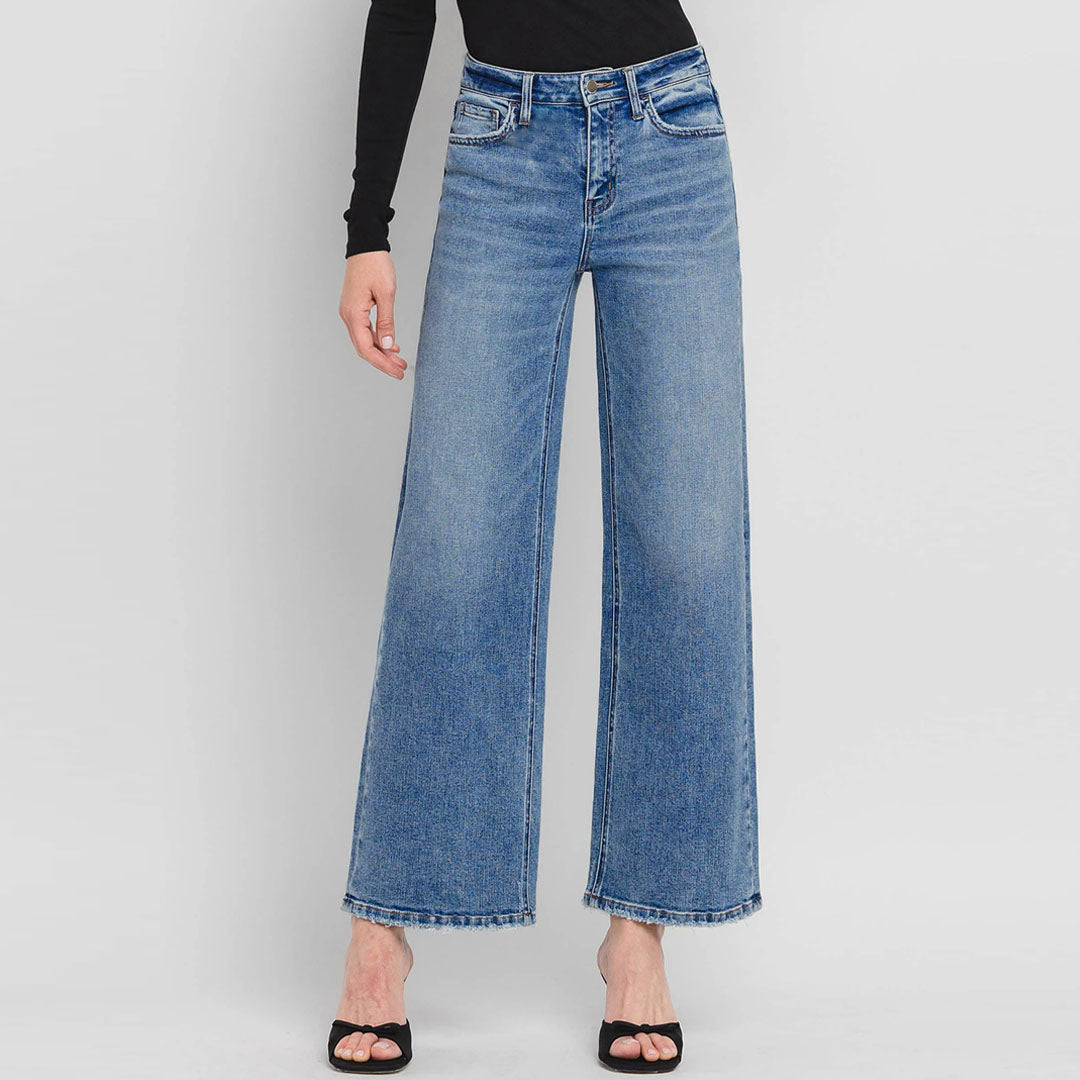 on-ly wide leg high rise stretchable mid blue jeans for women