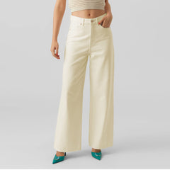 on-ly wide leg high rise stretchable off-white jeans for women