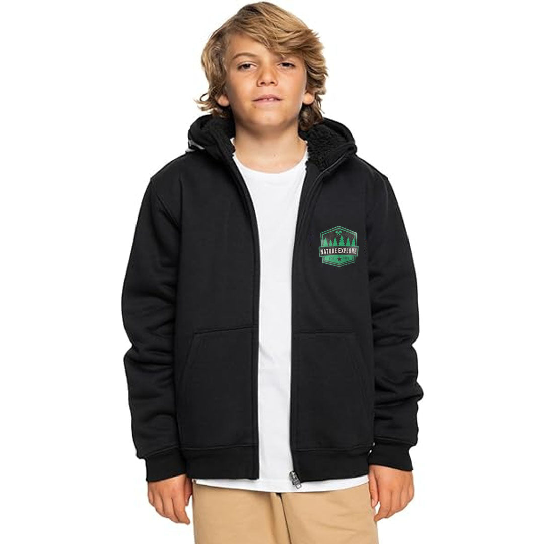 quck slvr wave sherpa black zipper hoodies for boys