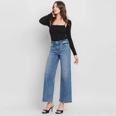 on-ly wide leg high rise stretchable mid blue jeans for women