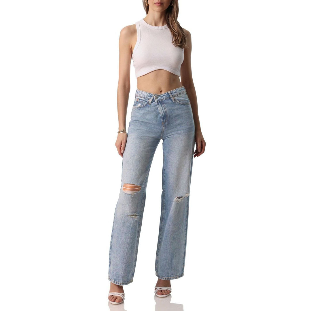 avec wide leg high rise ripped light blue waist adjustable jeans for women