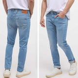 mstang slim fit stretchable light blue blue tapered leg knit denim jeans for men