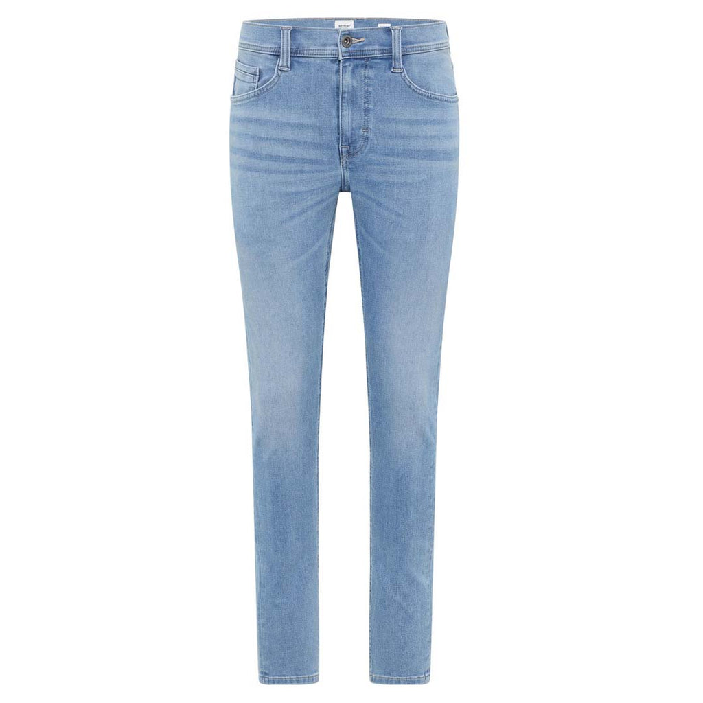 mstang slim fit stretchable light blue blue tapered leg knit denim jeans  for men