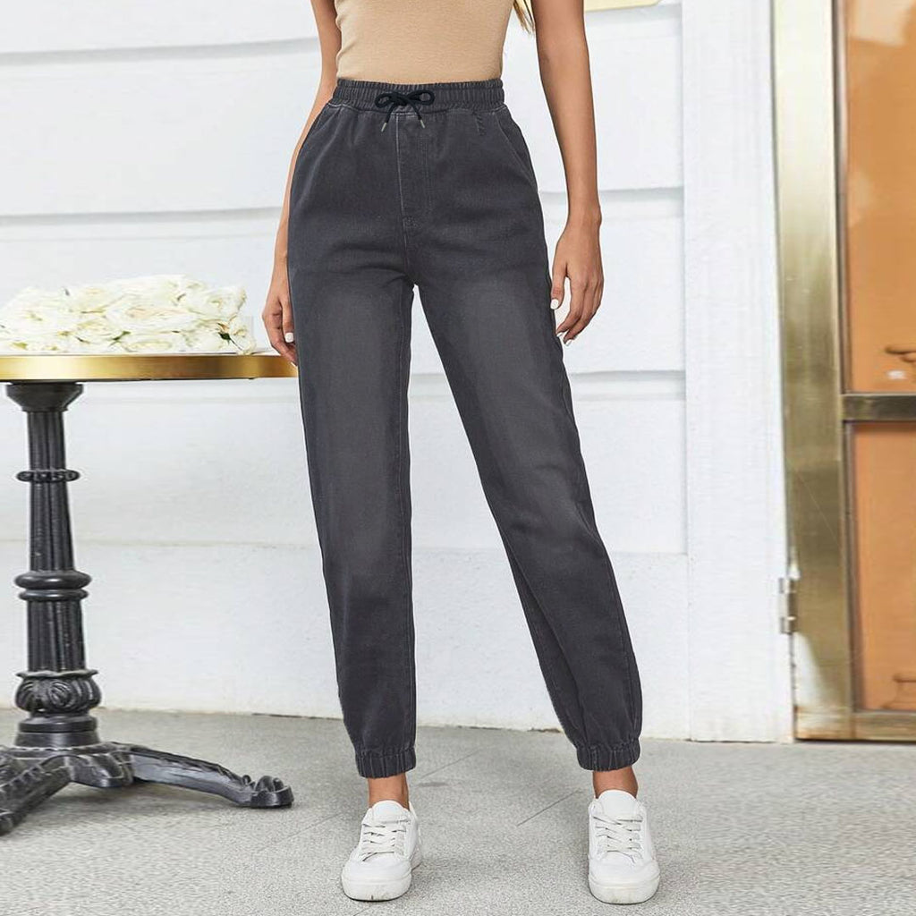 crop denim slim fit faded black jogger pant for women