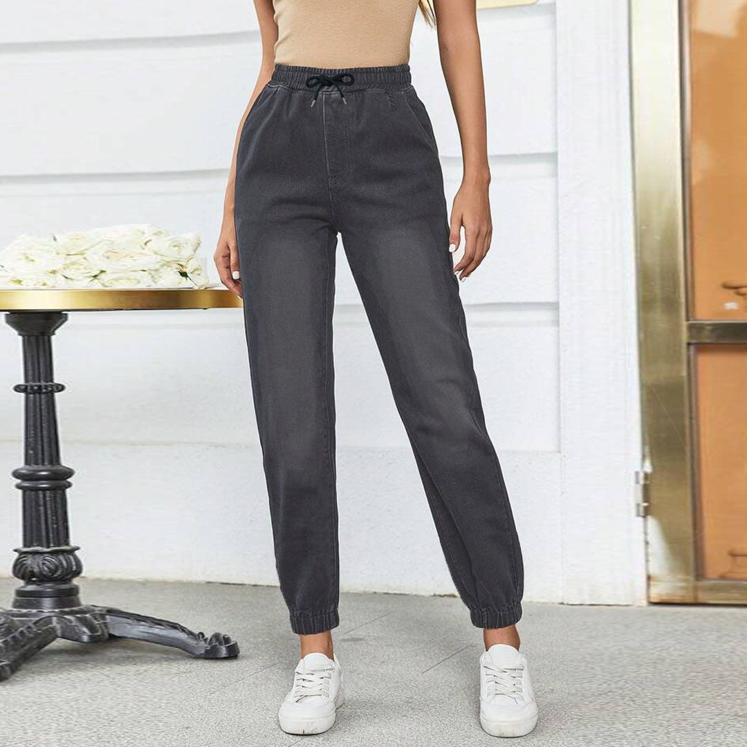 crop denim slim fit faded black jogger pant for women