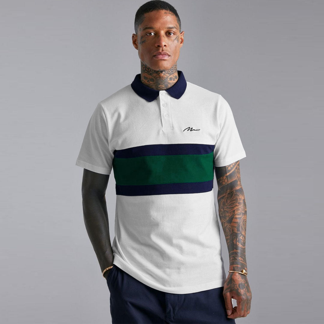 boho plus size white with green stripe mens polo