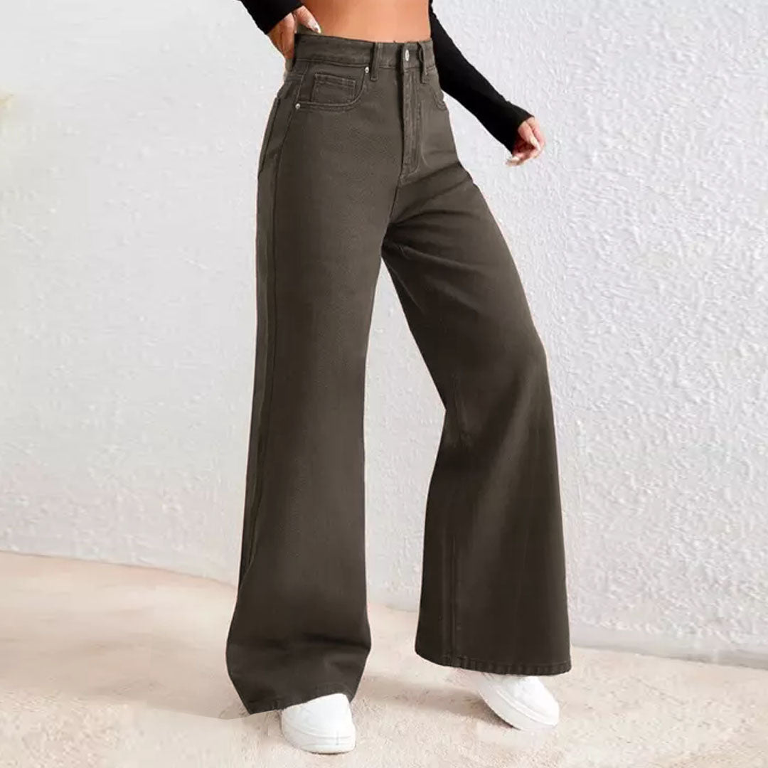 on-ly wide leg high rise stretchable brown jeans for women